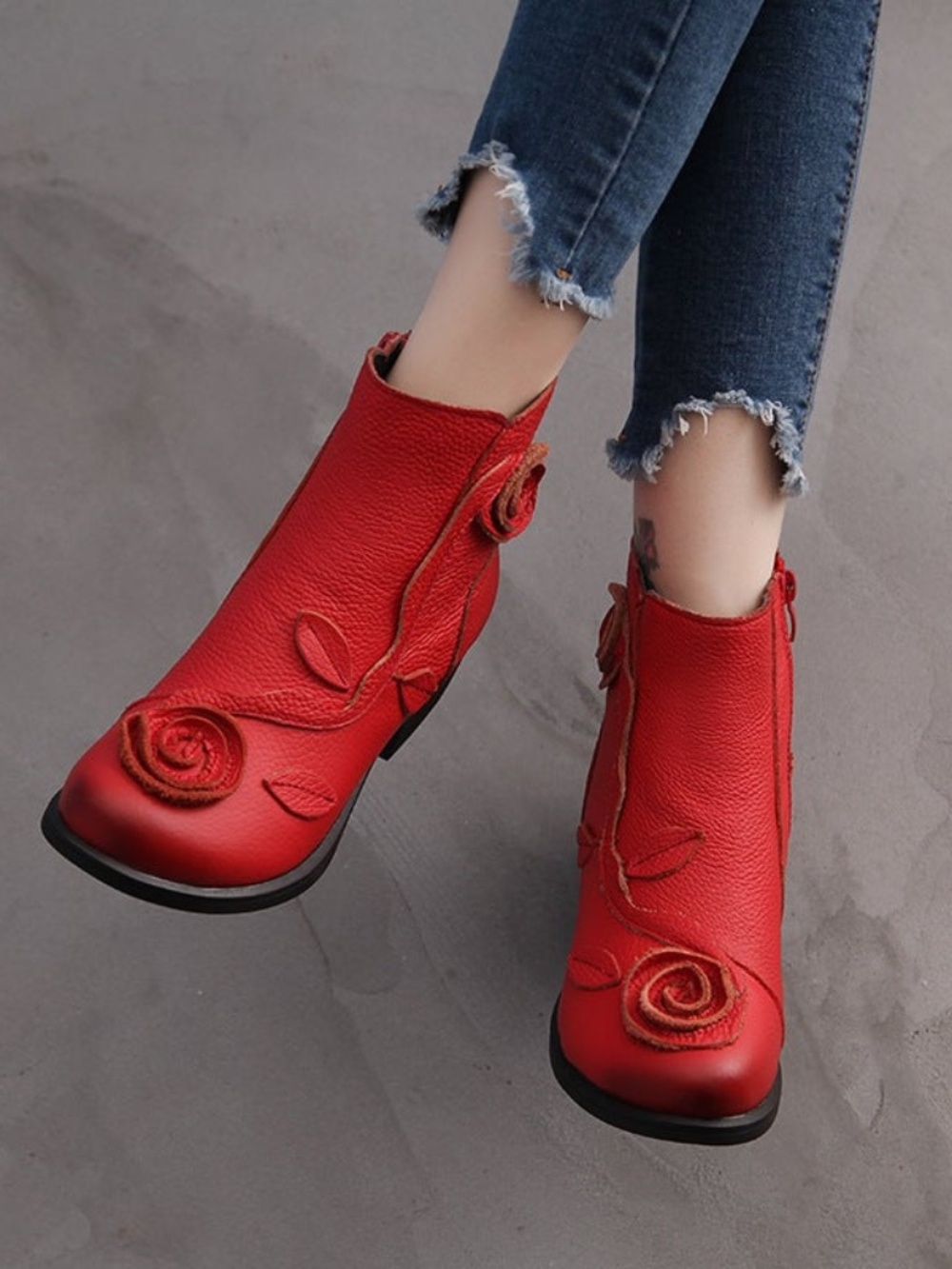 NWOT Red Genuine Leather Ankle Boots Floral Appliqué, Round Toe, Block Heel 8.5